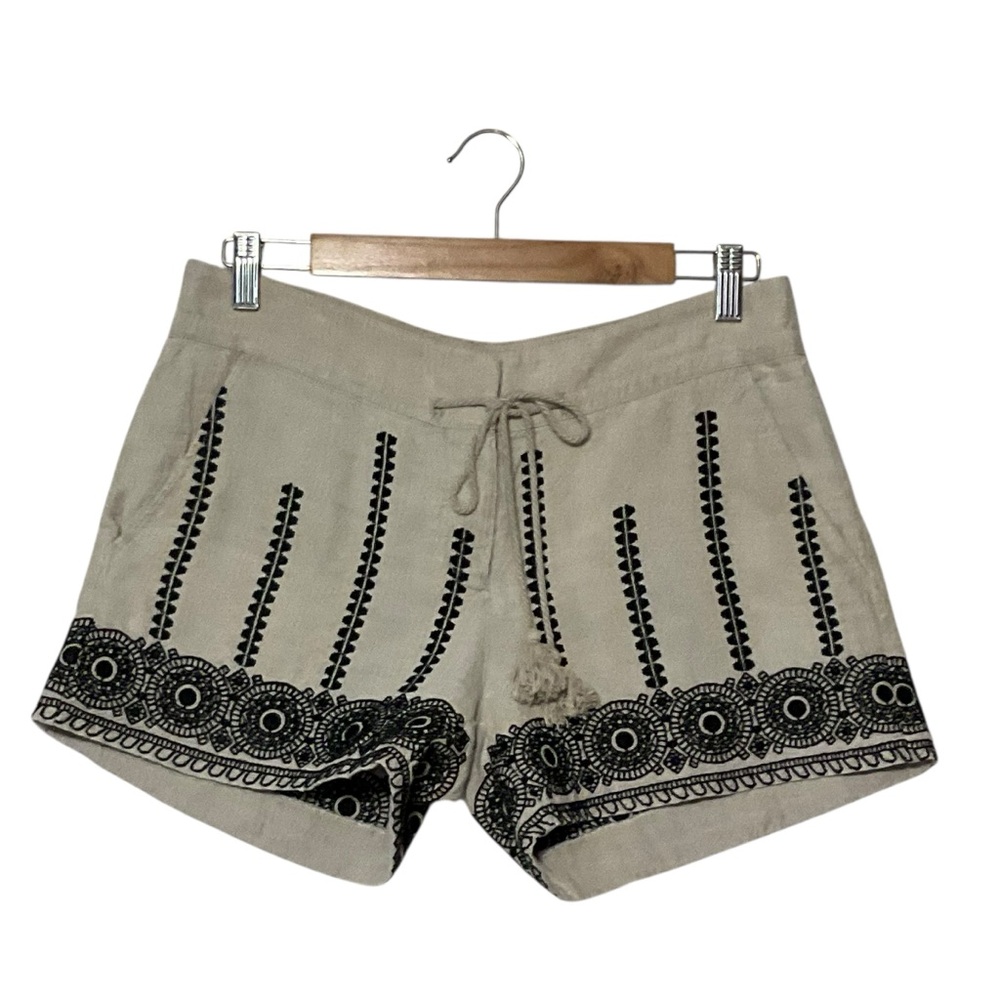 LOFT sz 2 100% Linen Casual Embroidery Accent Shorts Pockets Tan Black